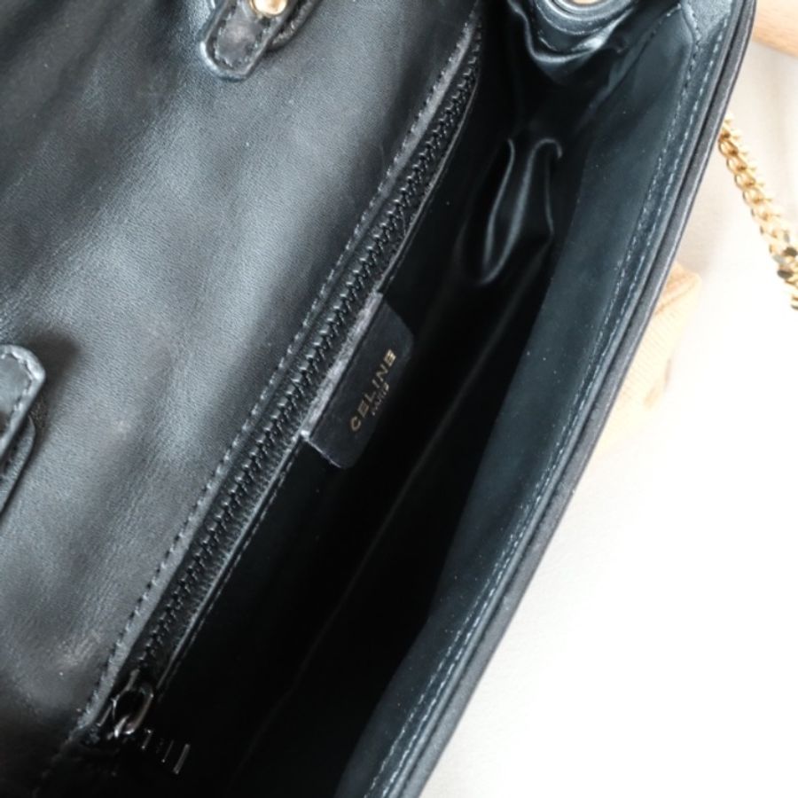 Celine Vintage 1980s 經典黑金方格壓紋 橢圓凱旋門小羊皮金鍊包-11