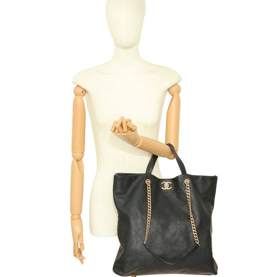 CHANEL 香奈兒 Maxi Shopping 托特 兩用包 黑色 牛皮 金釦 AS3128-6