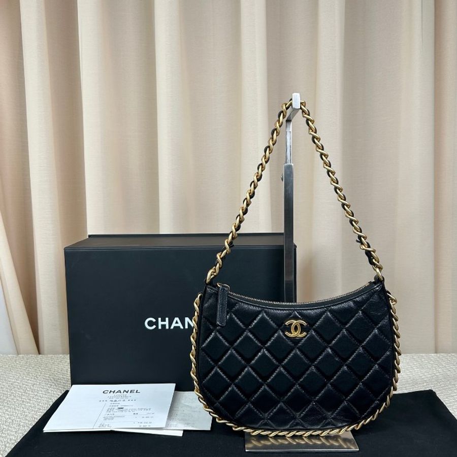 Chanel 黑金Hobo腋下包 羊皮 21.5×14.5cm 98新配件袋 盒 購證-2