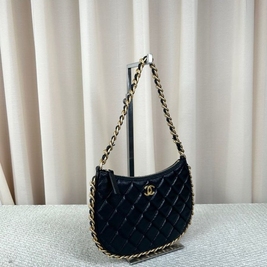 Chanel 黑金Hobo腋下包 羊皮 21.5×14.5cm 98新配件袋 盒 購證-3