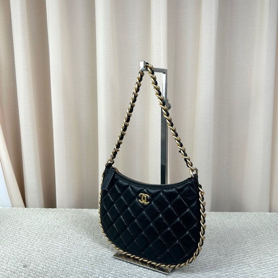 Chanel 黑金Hobo腋下包 羊皮 21.5×14.5cm 98新配件袋 盒 購證-5