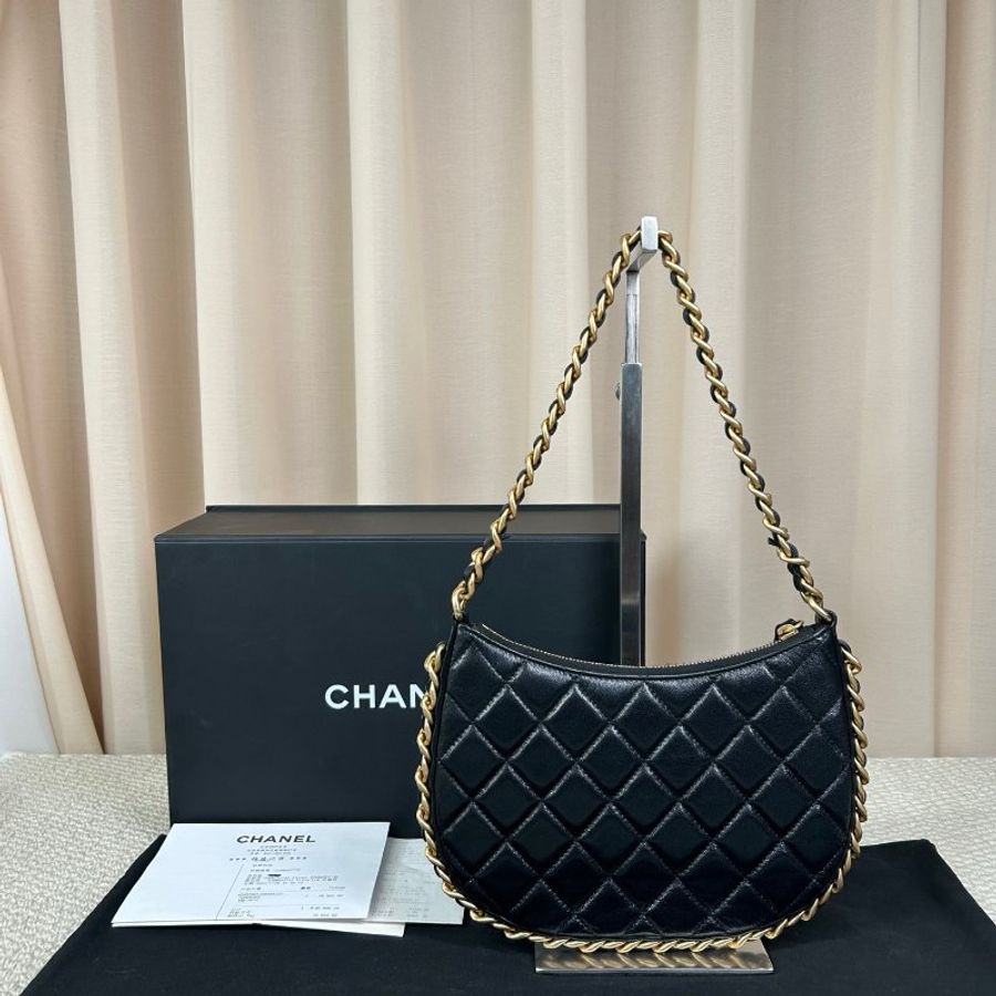 Chanel 黑金Hobo腋下包 羊皮 21.5×14.5cm 98新配件袋 盒 購證-7