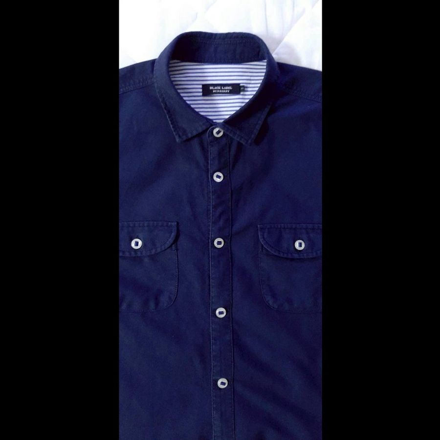 絕版BURBERRY 博柏利 BLACK LABEL 黑標 戰馬 男深藍牛津布七分袖襯衫3號-2