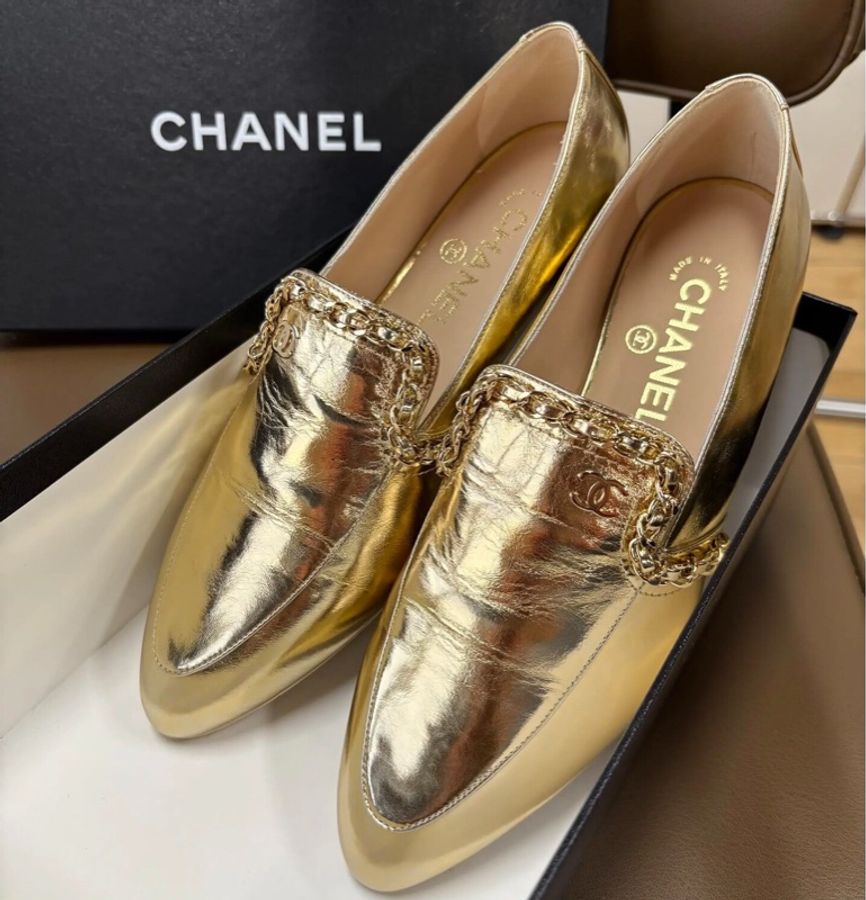 Chanel 香奈兒 埃及系列 金色皮穿鏈雙Clogo樂福鞋38.5碼-0