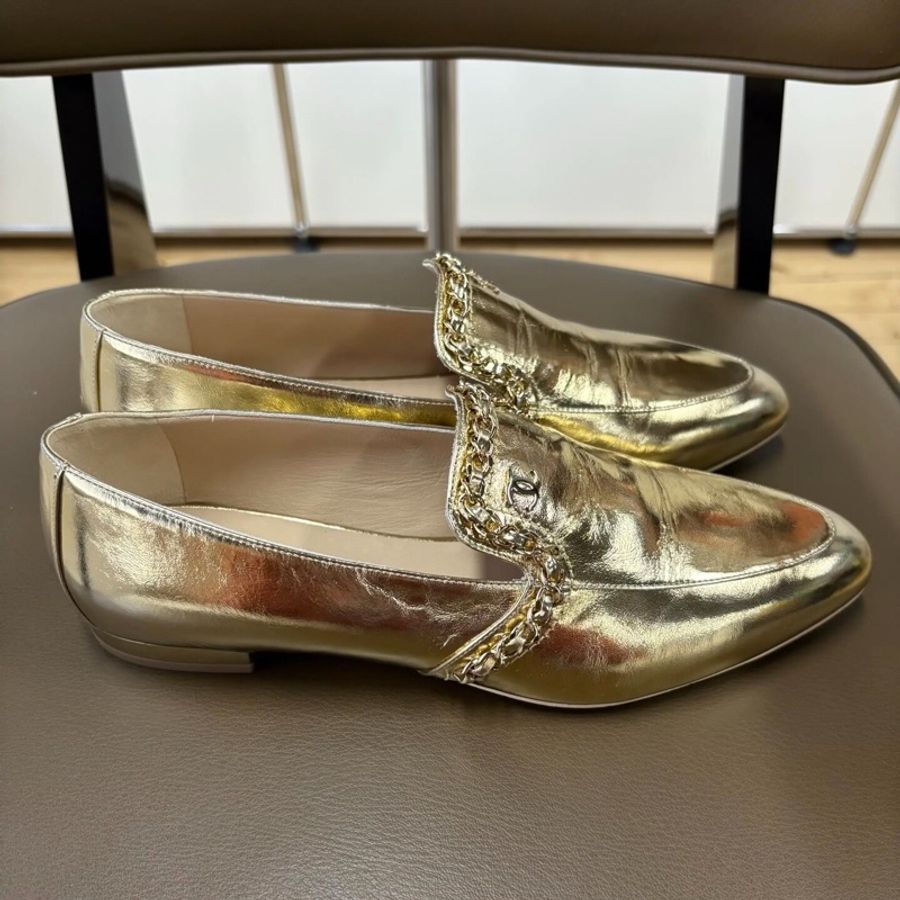 Chanel 香奈兒 埃及系列 金色皮穿鏈雙Clogo樂福鞋38.5碼-4