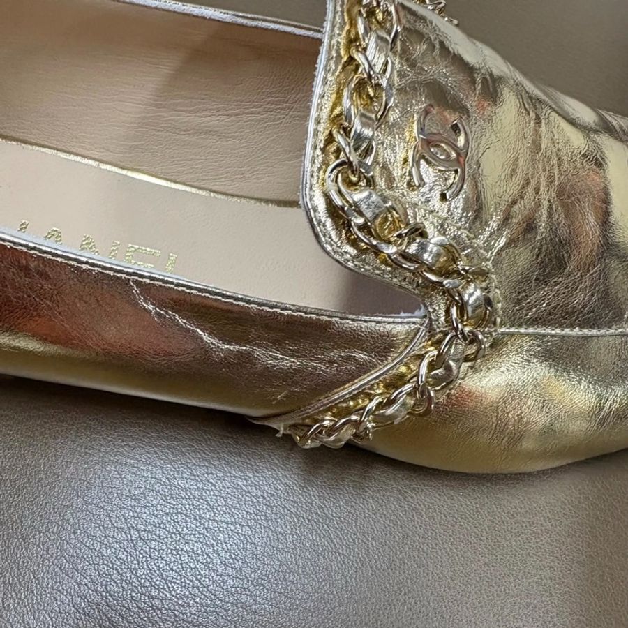 Chanel 香奈兒 埃及系列 金色皮穿鏈雙Clogo樂福鞋38.5碼-7