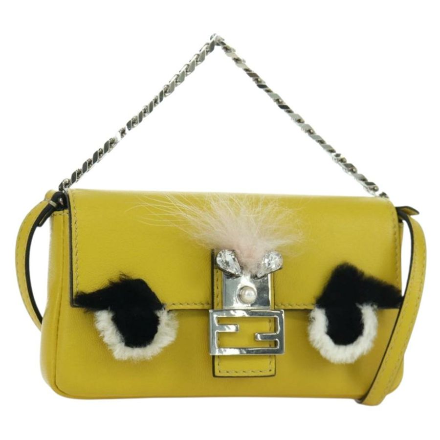 【日本直送】FENDI Monster Micro 水桶肩包 皮革 2way 黃銀 Auth YKZ725A-0
