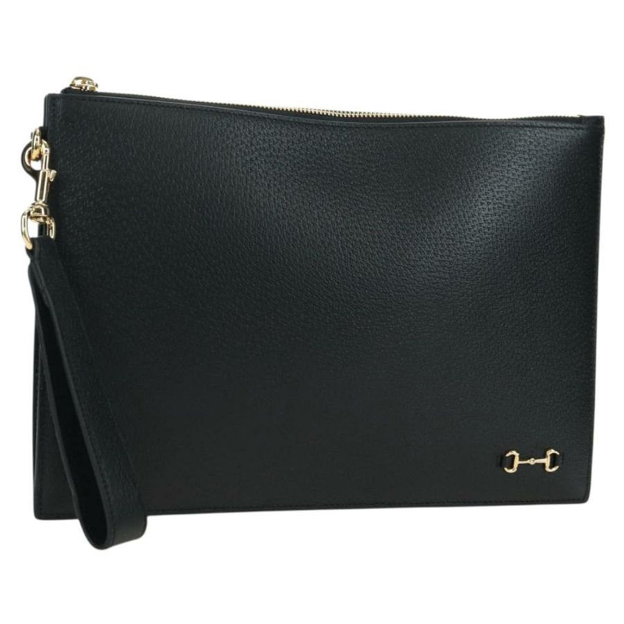 【日本直送】GUCCI 馬銜扣手拿包 皮革 黑色 金色 700524 Auth mr2429V-0
