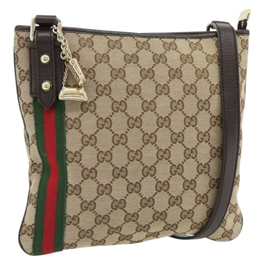 【日本直送】GUCCI GG帆布織帶雪莉線單肩包 米色 金 紅色 144388 正品 182113A-0
