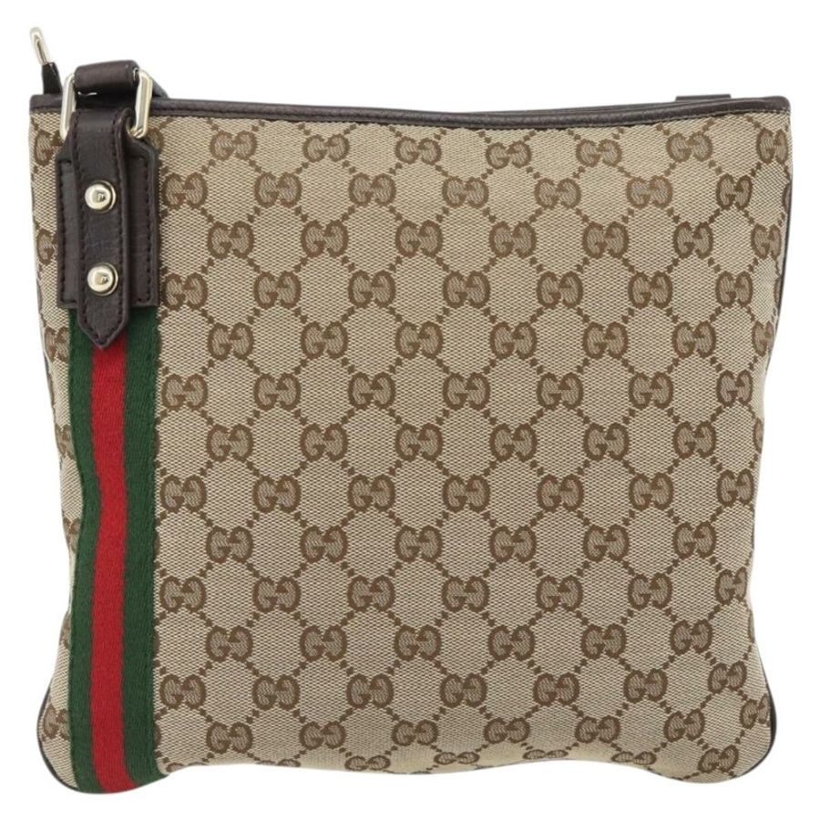 【日本直送】GUCCI GG帆布織帶雪莉線單肩包 米色 金 紅色 144388 正品 182113A-1