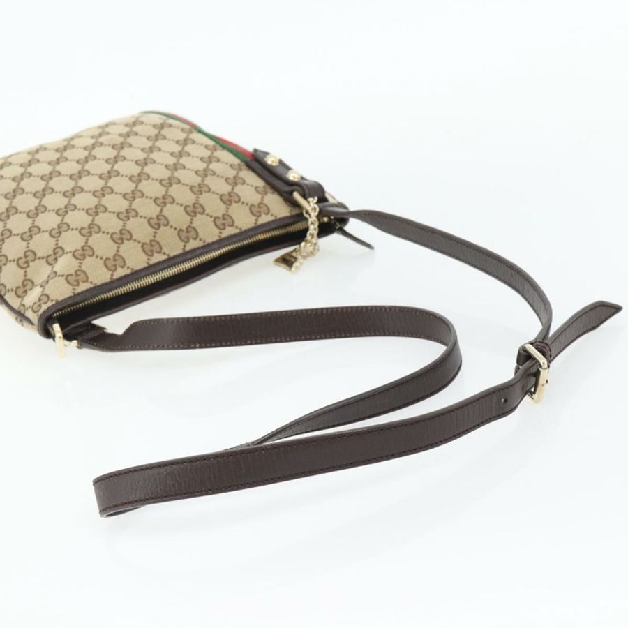 【日本直送】GUCCI GG帆布織帶雪莉線單肩包 米色 金 紅色 144388 正品 182113A-6