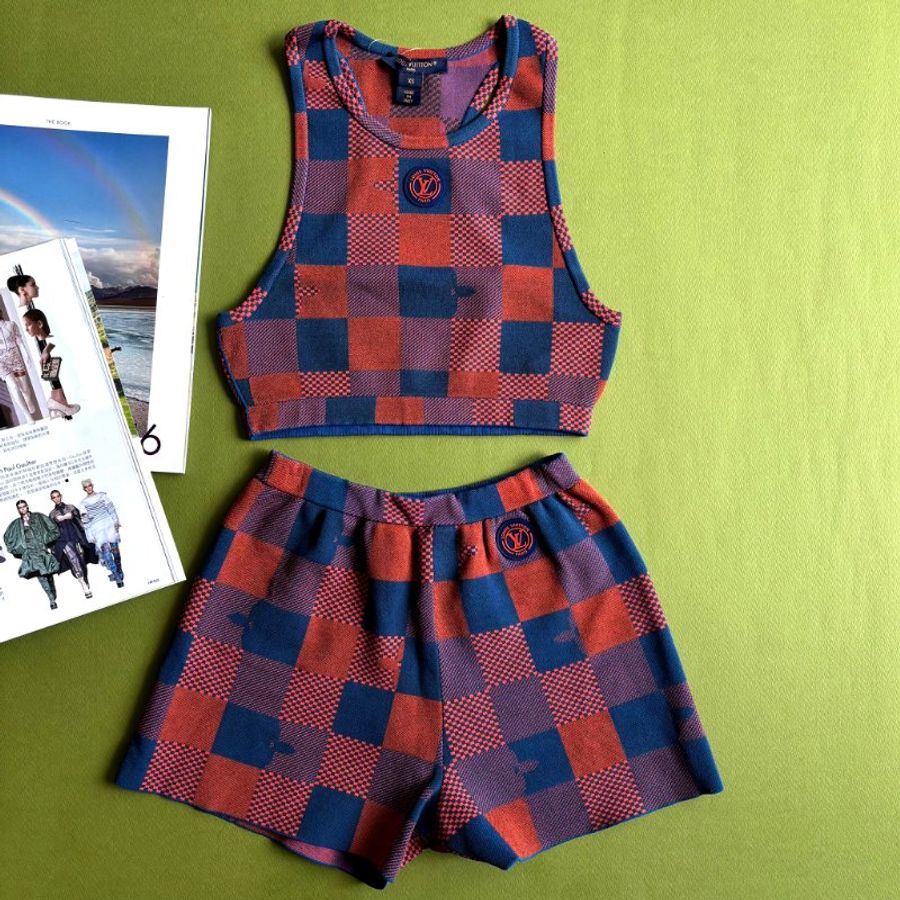 ::Louis Vuitton:: 經典拼色格紋 坦克運動背心 短褲 套裝 Red Monogram Damier Knit Sports Cropped Tank-0