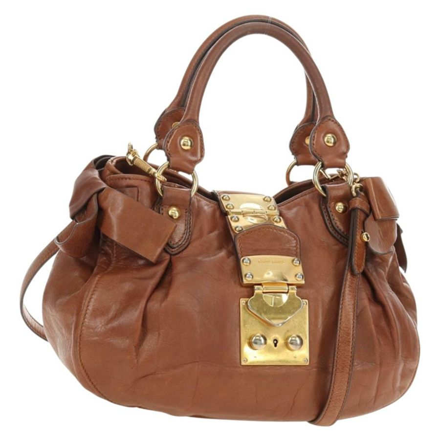 【日本直送】Miu Miu 側邊絲帶手提包 皮革 兩用 棕色 金色 正品 bs35815V-0