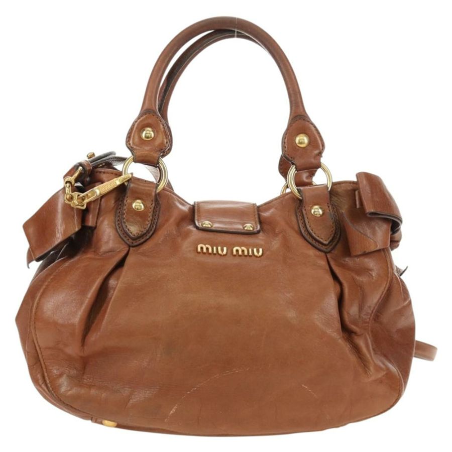【日本直送】Miu Miu 側邊絲帶手提包 皮革 兩用 棕色 金色 正品 bs35815V-1