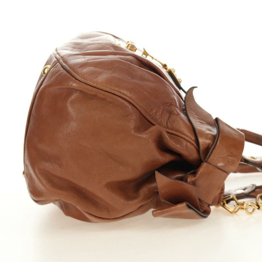 【日本直送】Miu Miu 側邊絲帶手提包 皮革 兩用 棕色 金色 正品 bs35815V-3