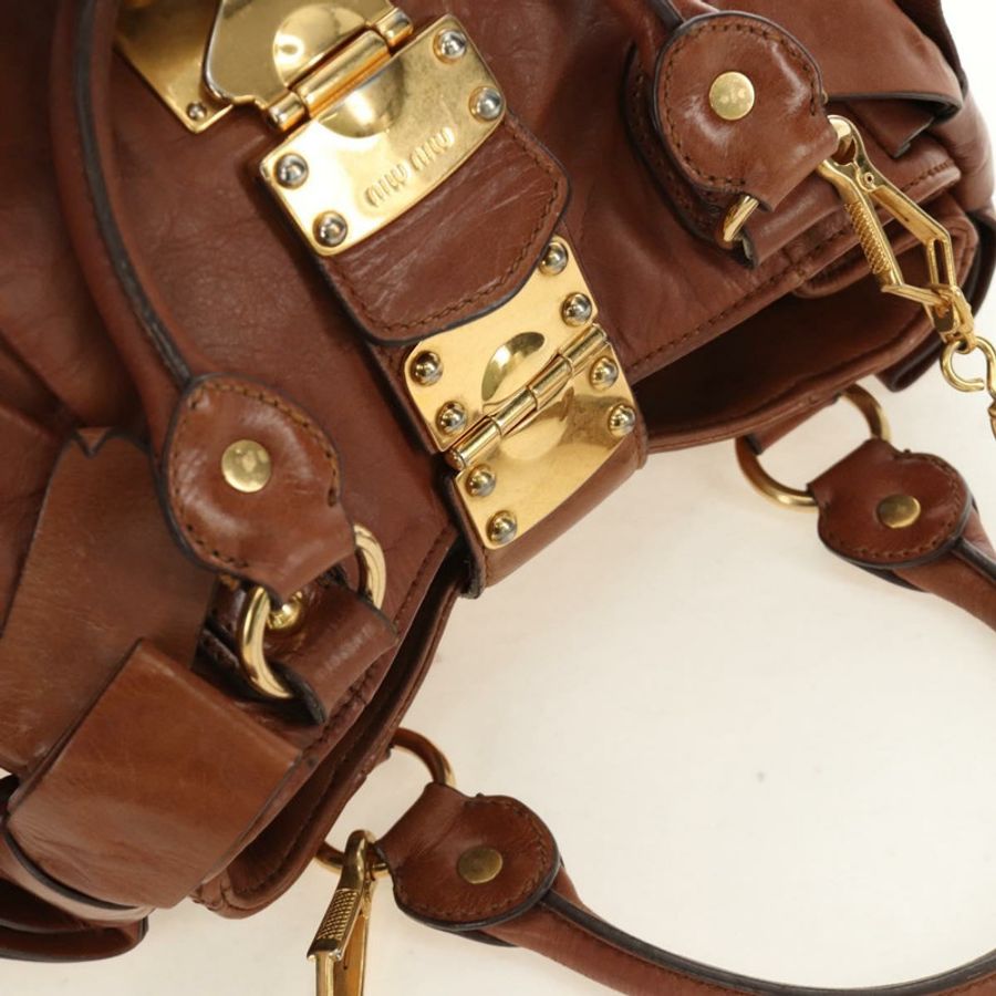 【日本直送】Miu Miu 側邊絲帶手提包 皮革 兩用 棕色 金色 正品 bs35815V-5