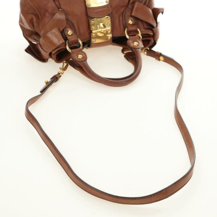 【日本直送】Miu Miu 側邊絲帶手提包 皮革 兩用 棕色 金色 正品 bs35815V-8