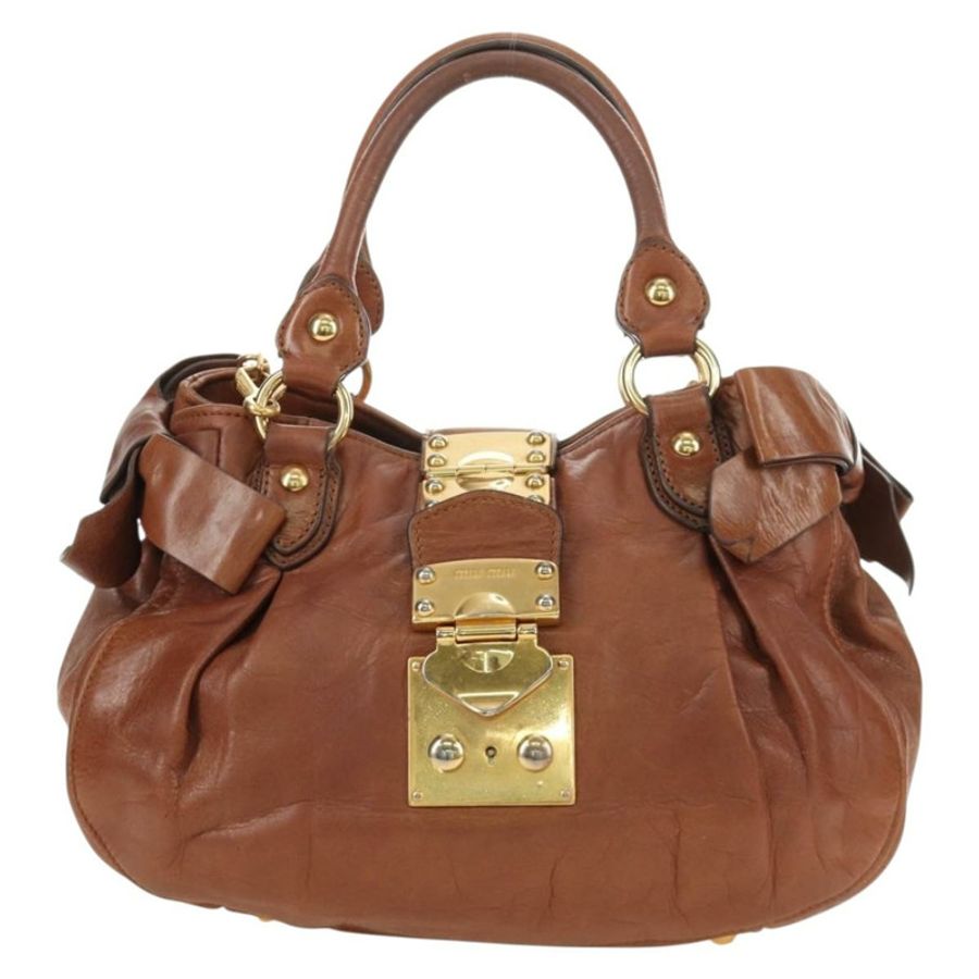 【日本直送】Miu Miu 側邊絲帶手提包 皮革 兩用 棕色 金色 正品 bs35815V-12