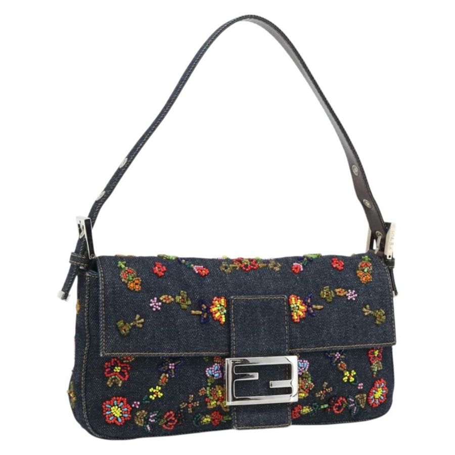 【日本直送】FENDI 牛仔布串珠 Mamma Baguette 單肩包 多色 藍色 正品 yk20706SAM-0