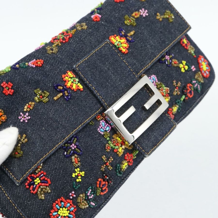 【日本直送】FENDI 牛仔布串珠 Mamma Baguette 單肩包 多色 藍色 正品 yk20706SAM-13