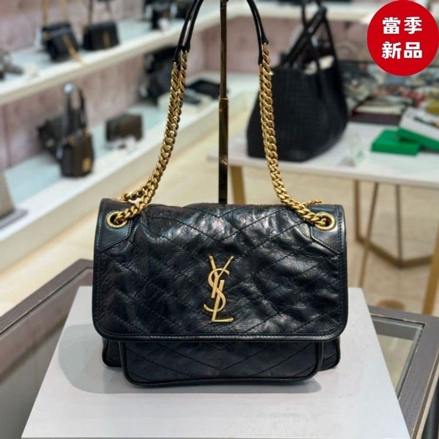⏰全新品特賣 專櫃10萬4千4🌺Saint Laurent 633184 YSL 中款復古小牛皮Niki 包 黑色金鏈-0