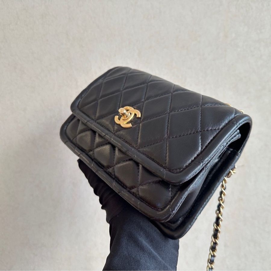Chanel 20B 黑金牛皮金幣豆腐包小號,約19cm,-3
