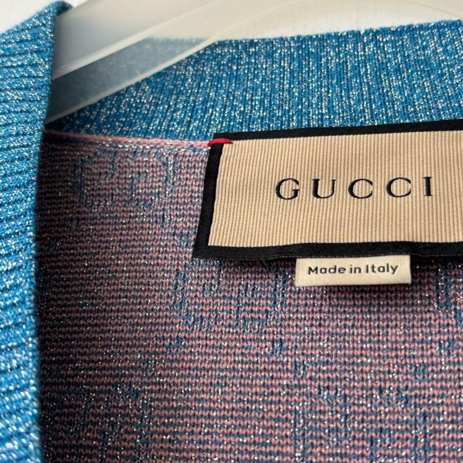 S號::GUCCI::糖果色粉藍金蔥針織滿版雙G 開襟外套 開襟衫 Pink GG Cardigan-11