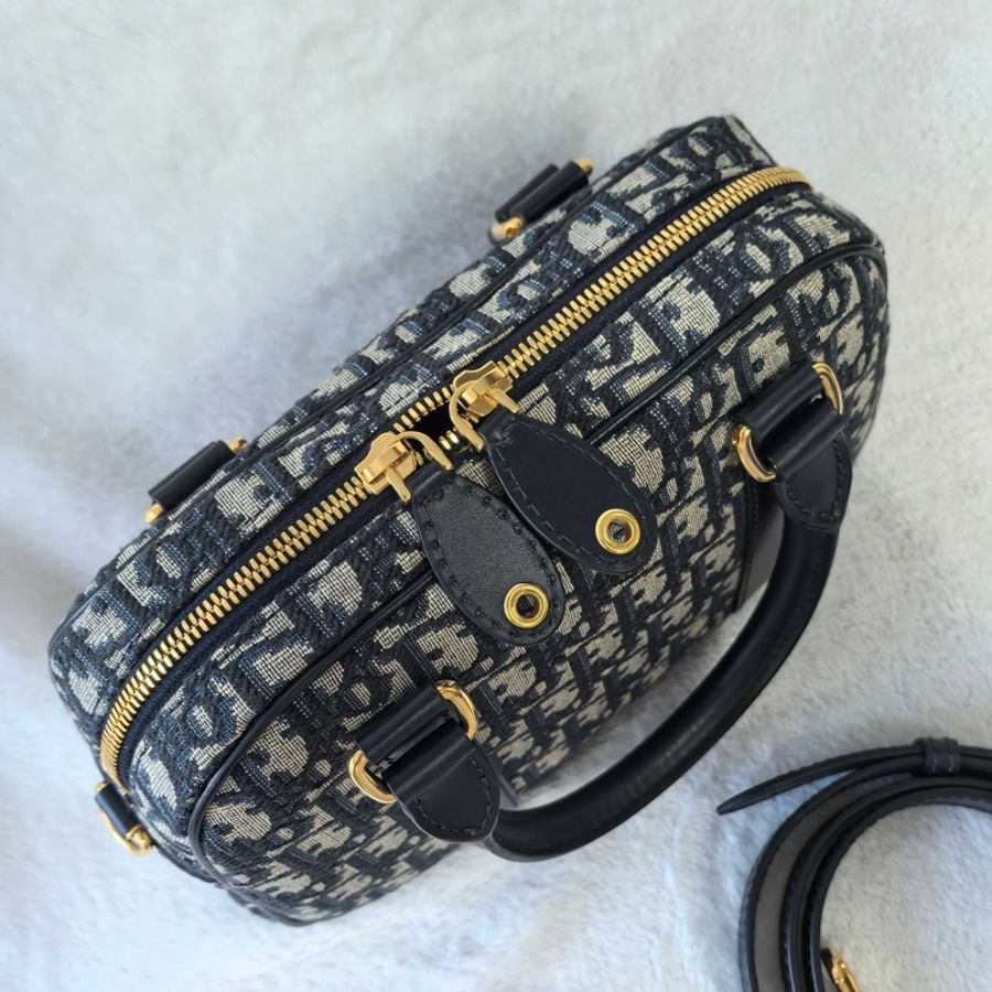 迪奧/Dior 小號 D-Vibe 保齡球包手提包斜挎包 藍色 Oblique 印花 金扣-5