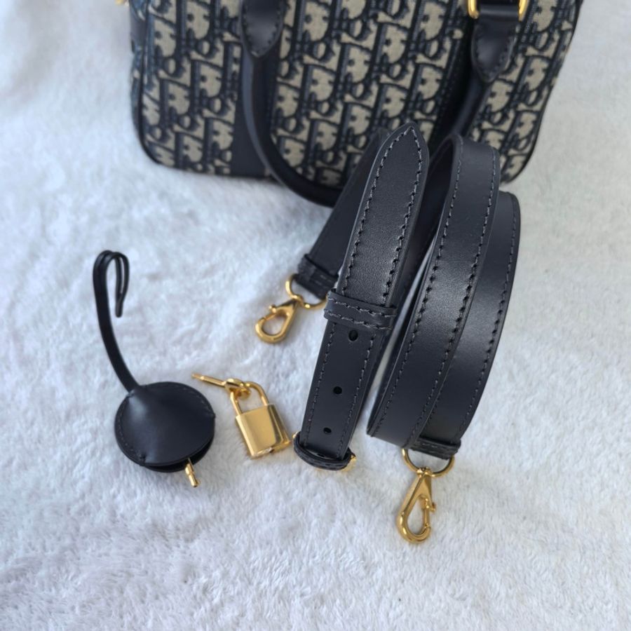 迪奧/Dior 小號 D-Vibe 保齡球包手提包斜挎包 藍色 Oblique 印花 金扣-6