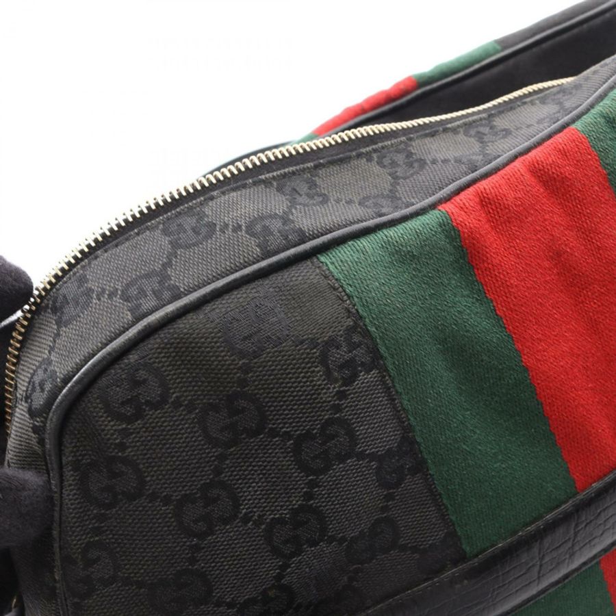 GUCCI 馬銜扣 GG 帆布單肩手提包 131092 帆布皮革 黑色 紅色 二手-9