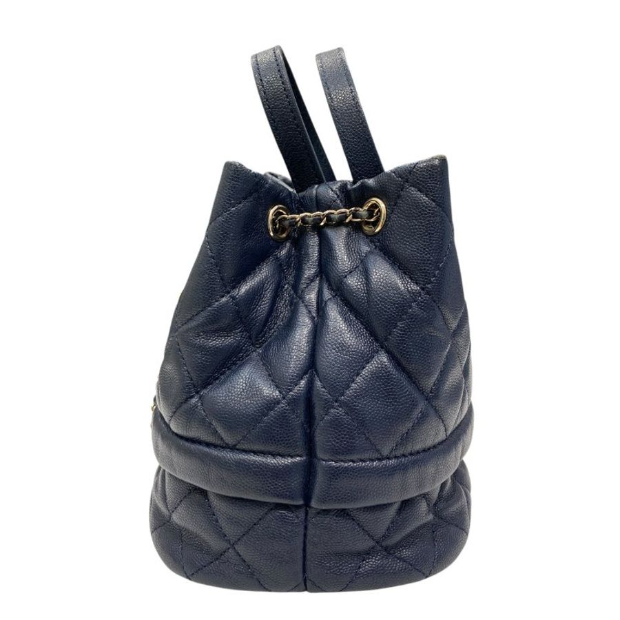 CHANEL 香奈兒 AS0894 CC Logo 菱格紋抽繩束口水桶包 深藍色 皮革 金釦-1