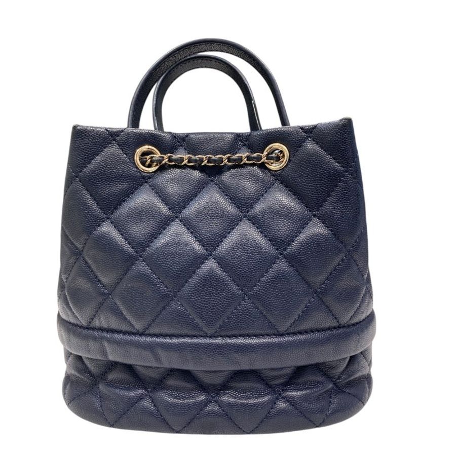 CHANEL 香奈兒 AS0894 CC Logo 菱格紋抽繩束口水桶包 深藍色 皮革 金釦-2