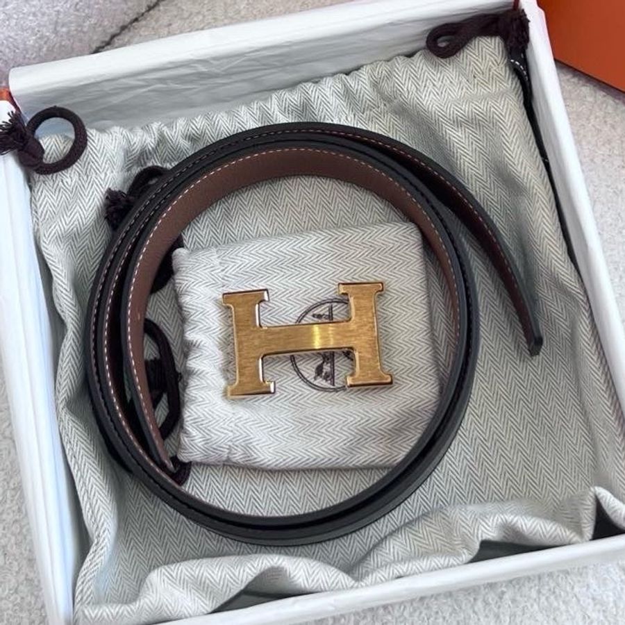 99新愛馬仕Hermes拉絲金扣雙面皮帶 金棕 黑色 腰帶 w刻 尺碼95 附件 盒子 塵袋-0
