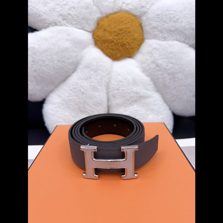 hermes 愛馬仕 雕紋雙面腰帶 金色平滑扣 灰/黑色 男款 寬3.2cm-0