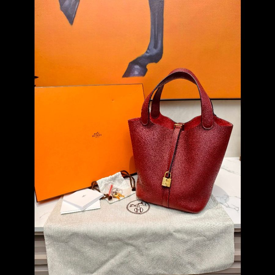 Hermès愛馬仕 菜籃子22 紅色金扣-0