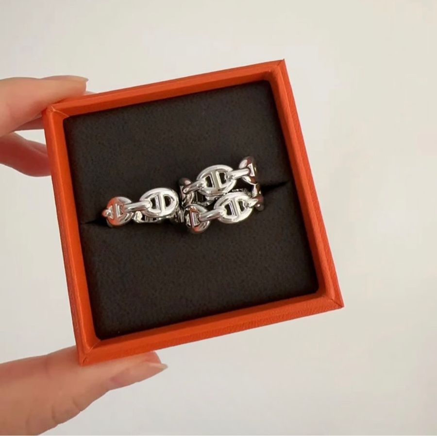 💖Hermes 純銀 雙排 豬鼻 戒指💖 55號 全新-0