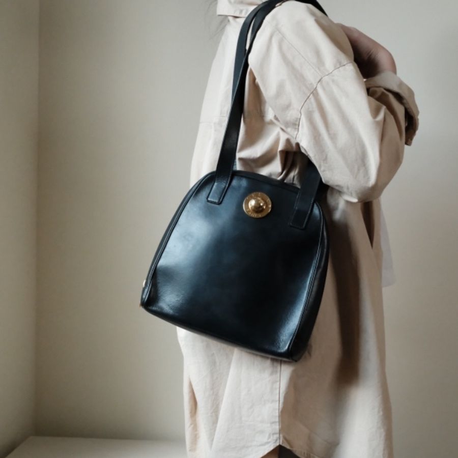 CELINE Vintage 1980s 絕版稀有 墨藍box小牛皮 鍍金星球包-12