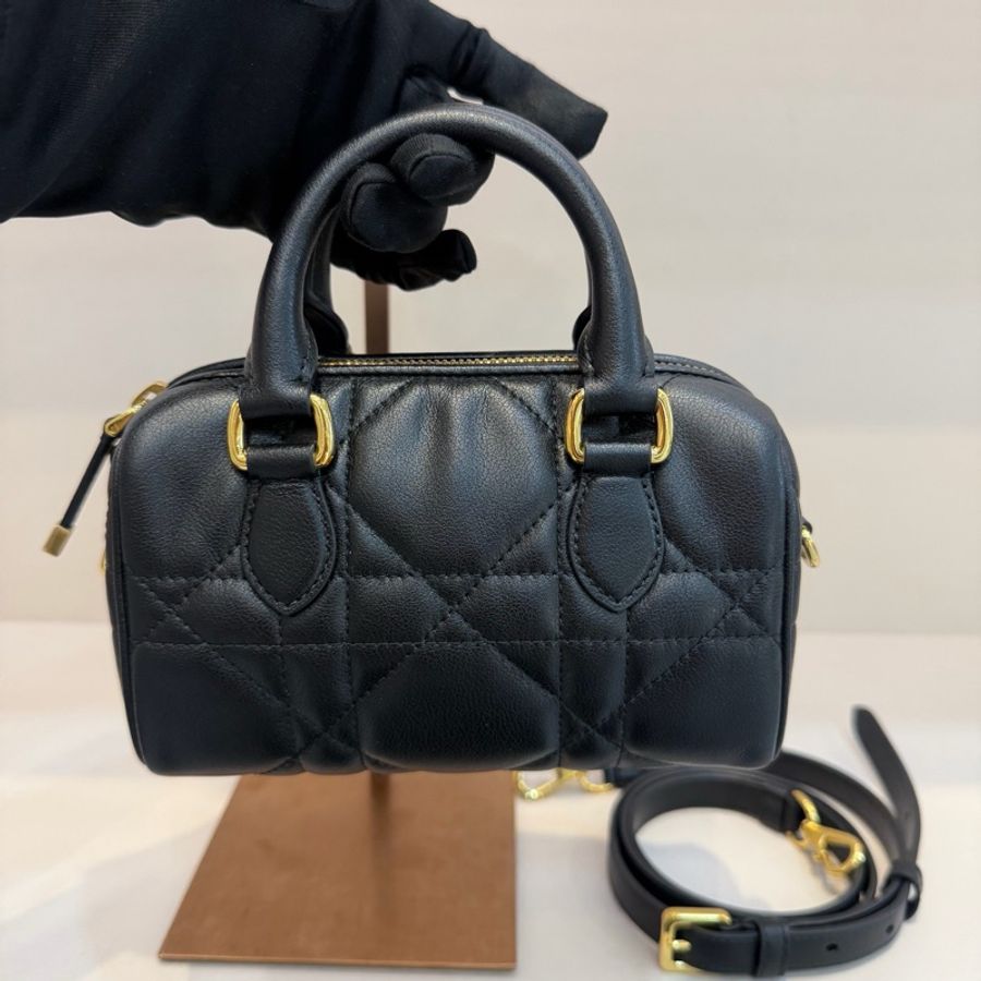 迪奧/Dior Dior Groove 16 迷你手袋 黑色牛皮革超大藤格紋 黑金波士頓手提包斜挎包-2