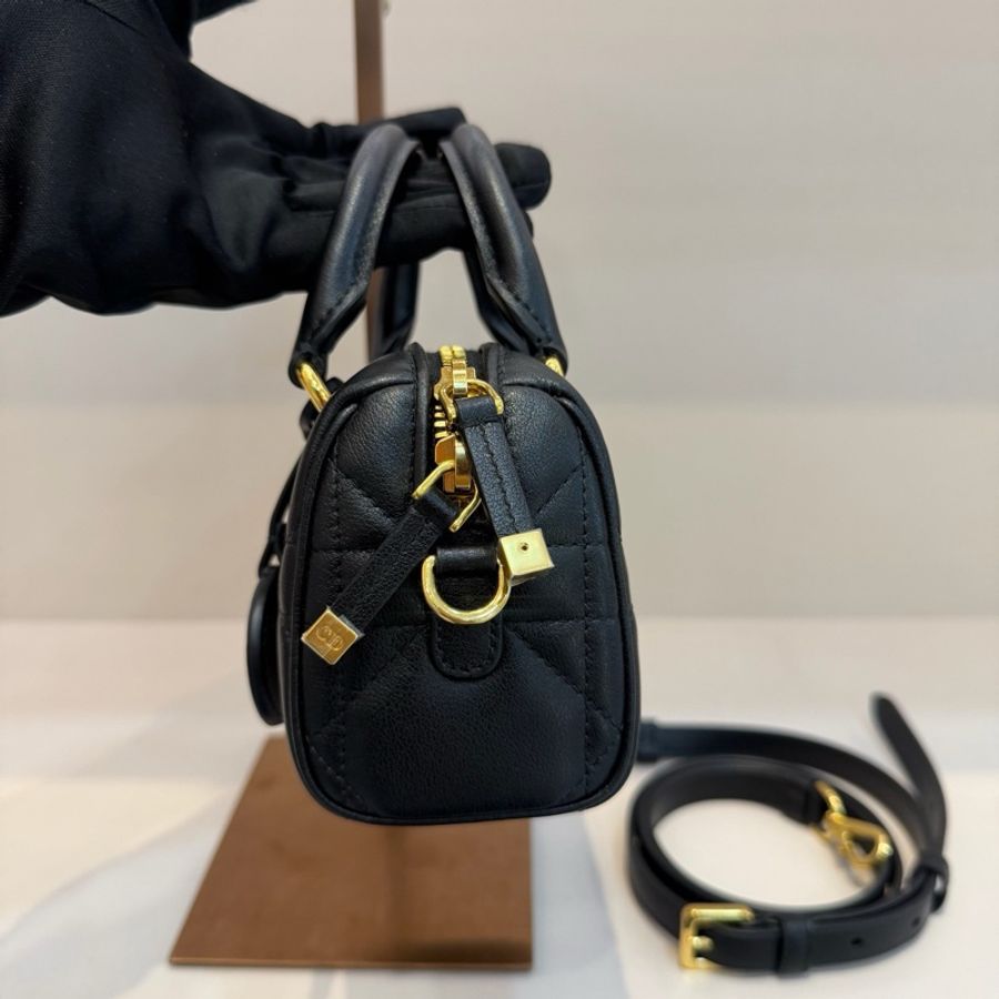 迪奧/Dior Dior Groove 16 迷你手袋 黑色牛皮革超大藤格紋 黑金波士頓手提包斜挎包-3