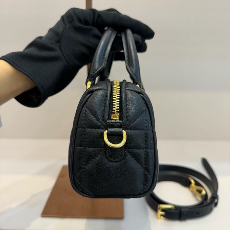 迪奧/Dior Dior Groove 16 迷你手袋 黑色牛皮革超大藤格紋 黑金波士頓手提包斜挎包-4