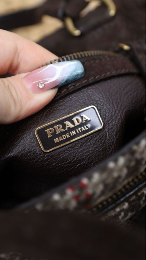 Prada棕色毛呢格纹手提包-19