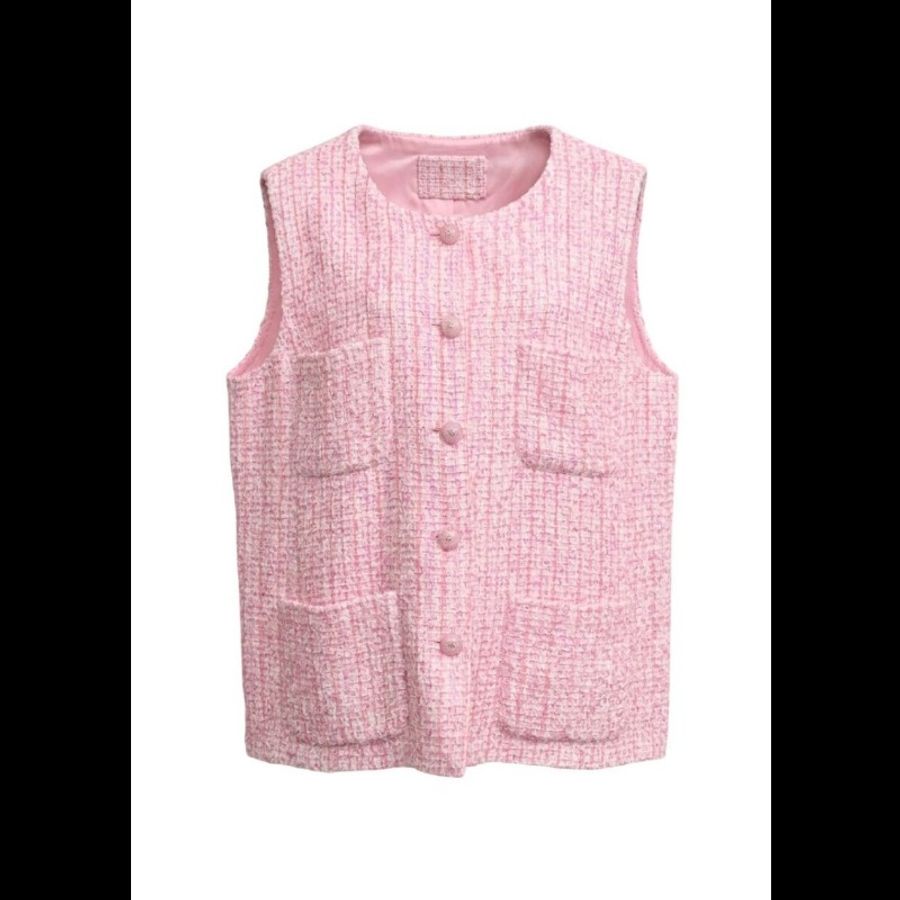 Chanel 25P樱花粉亮片圆领四口袋上衣外套-5