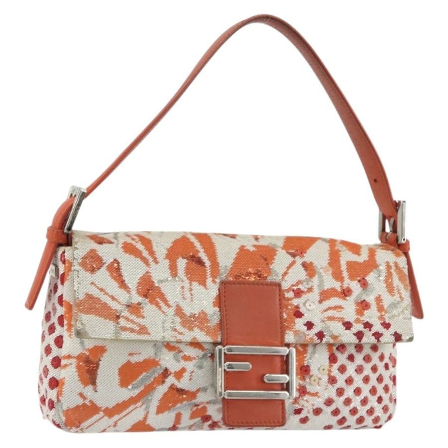 【日本直送】FENDI Mamma Baguette 肩背包 帆布亮片 橘色 銀色 正品 187605SM-0