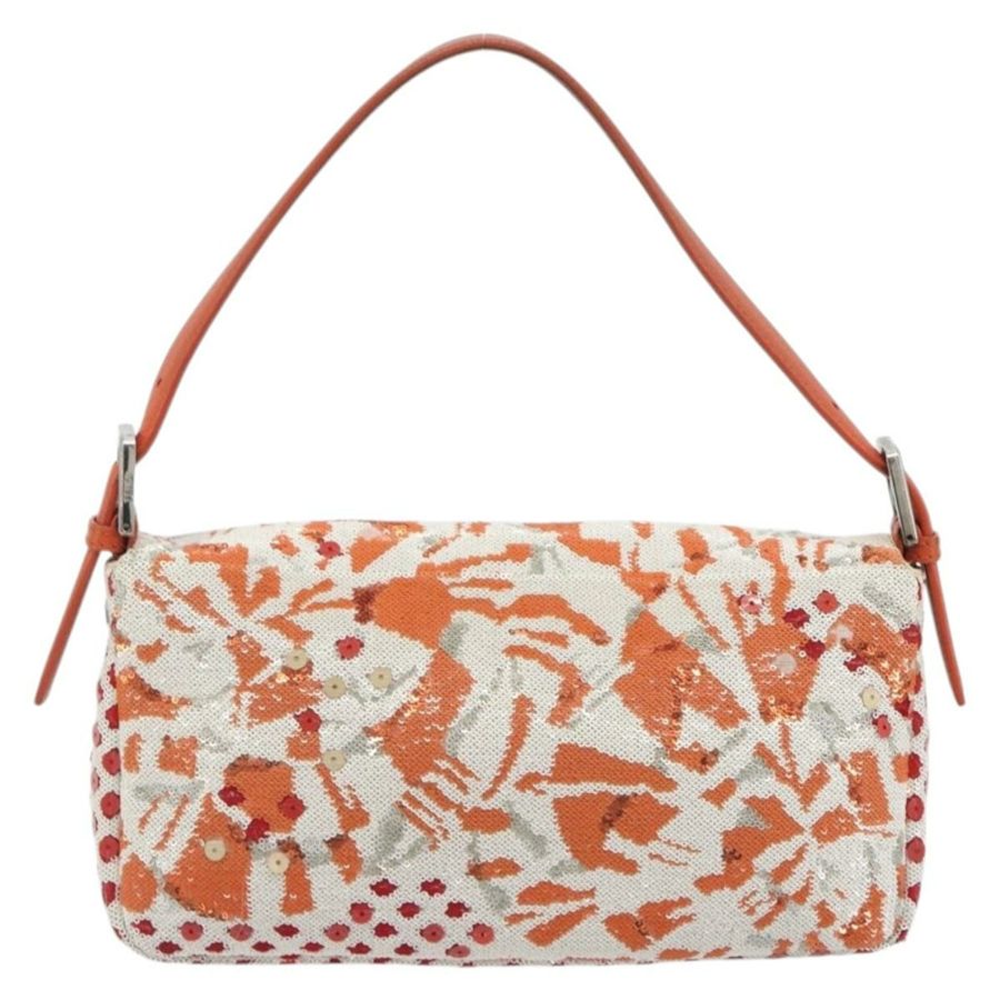 【日本直送】FENDI Mamma Baguette 肩背包 帆布亮片 橘色 銀色 正品 187605SM-1