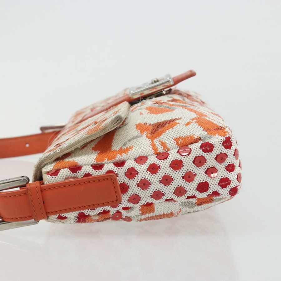 【日本直送】FENDI Mamma Baguette 肩背包 帆布亮片 橘色 銀色 正品 187605SM-3