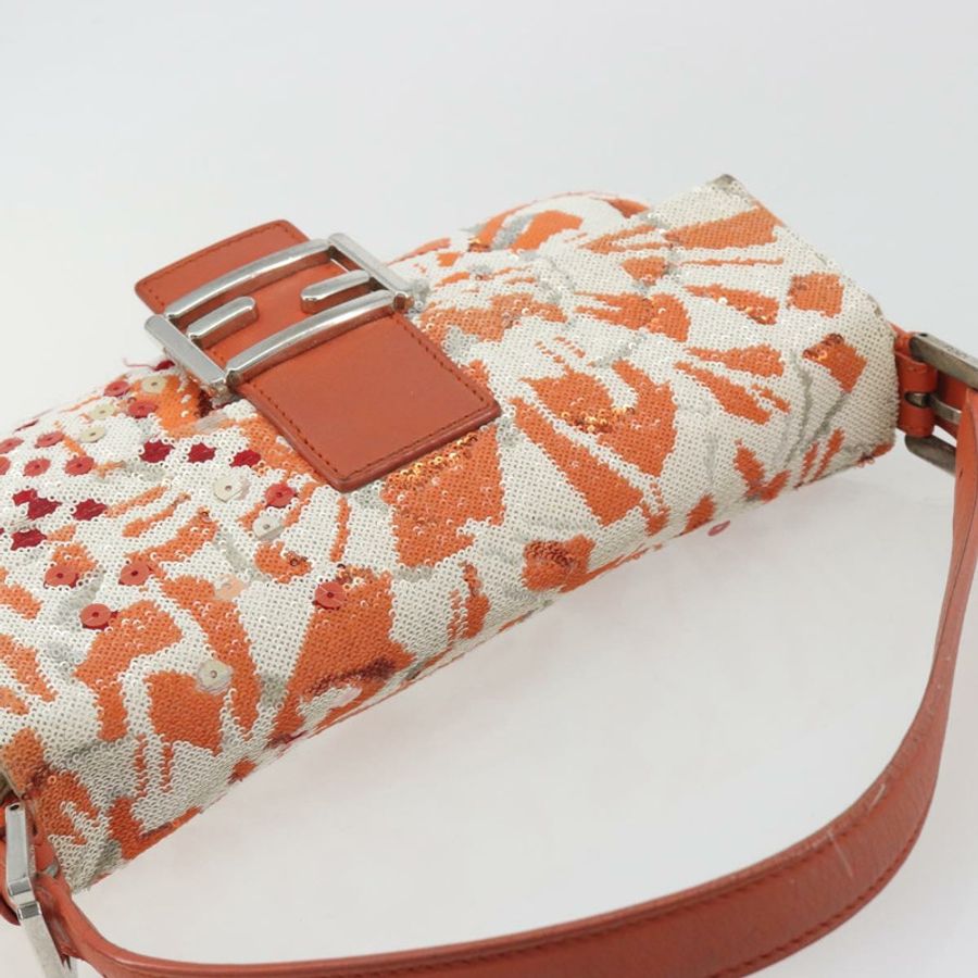 【日本直送】FENDI Mamma Baguette 肩背包 帆布亮片 橘色 銀色 正品 187605SM-5