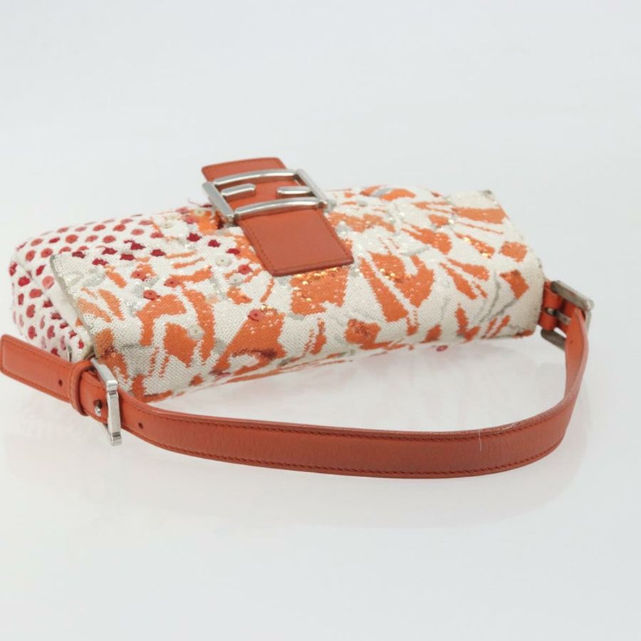 【日本直送】FENDI Mamma Baguette 肩背包 帆布亮片 橘色 銀色 正品 187605SM-6
