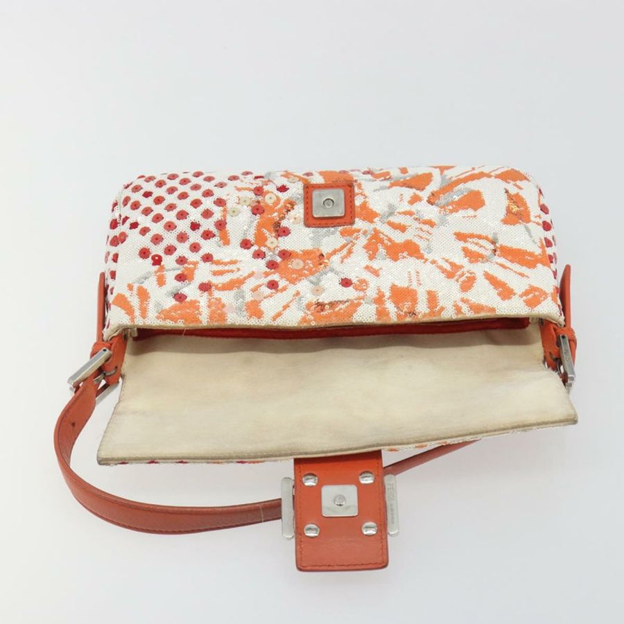 【日本直送】FENDI Mamma Baguette 肩背包 帆布亮片 橘色 銀色 正品 187605SM-8