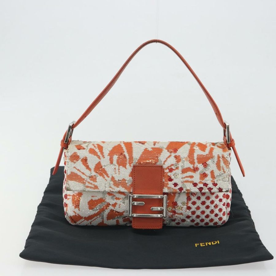 【日本直送】FENDI Mamma Baguette 肩背包 帆布亮片 橘色 銀色 正品 187605SM-11