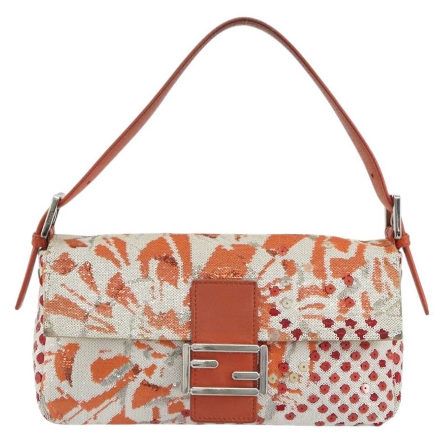 【日本直送】FENDI Mamma Baguette 肩背包 帆布亮片 橘色 銀色 正品 187605SM-12